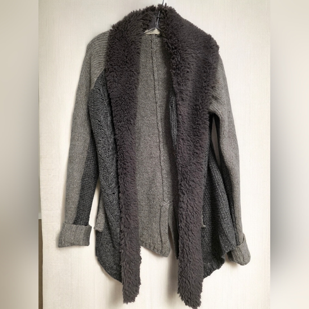 Anthropologie Sleeping On Snow Gray Wool & Yak Blend Cardigan With Fur Trim